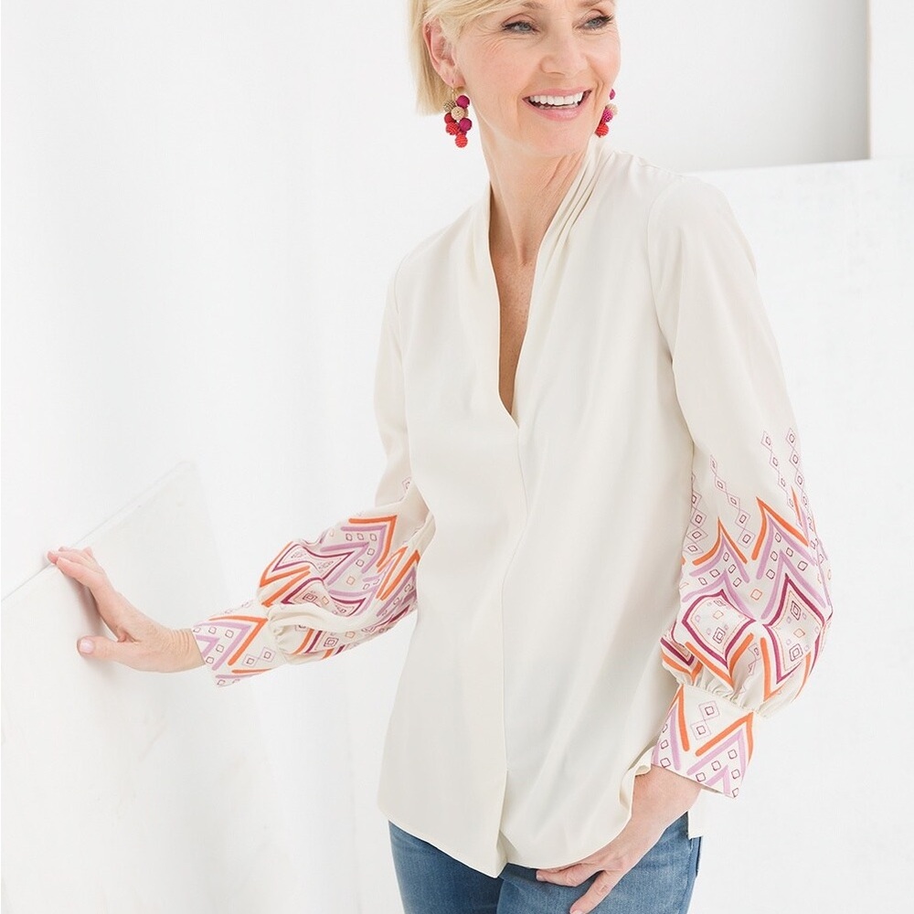 Chicos Embroidered Sleeve Cream Blouse‎ Size 2 ( 12-14 )